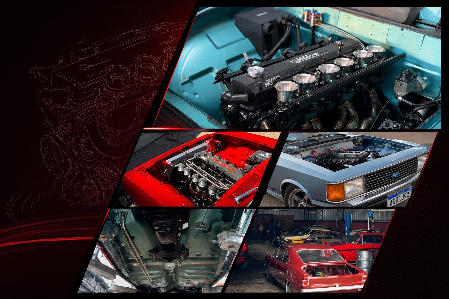 Colagem de projetos FL Motorsport: motor 6 cilindros FuelTech com corpos de injeção individuais, motor de clássico vermelho, Opala azul, assoalho restaurado e oficina com clássicos